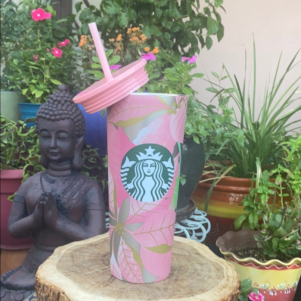New❣️ Rare Starbucks Pink Poinsettia Floral Stainless Holiday Cup